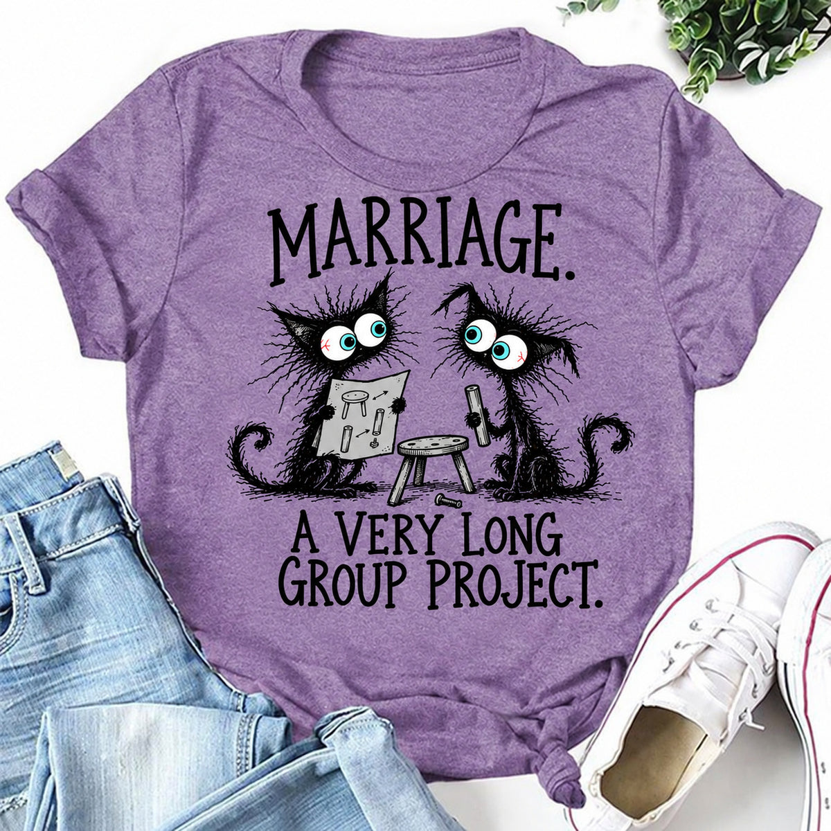 Purple women's T-shirt with Marriage. A Very Long Group Project graphic