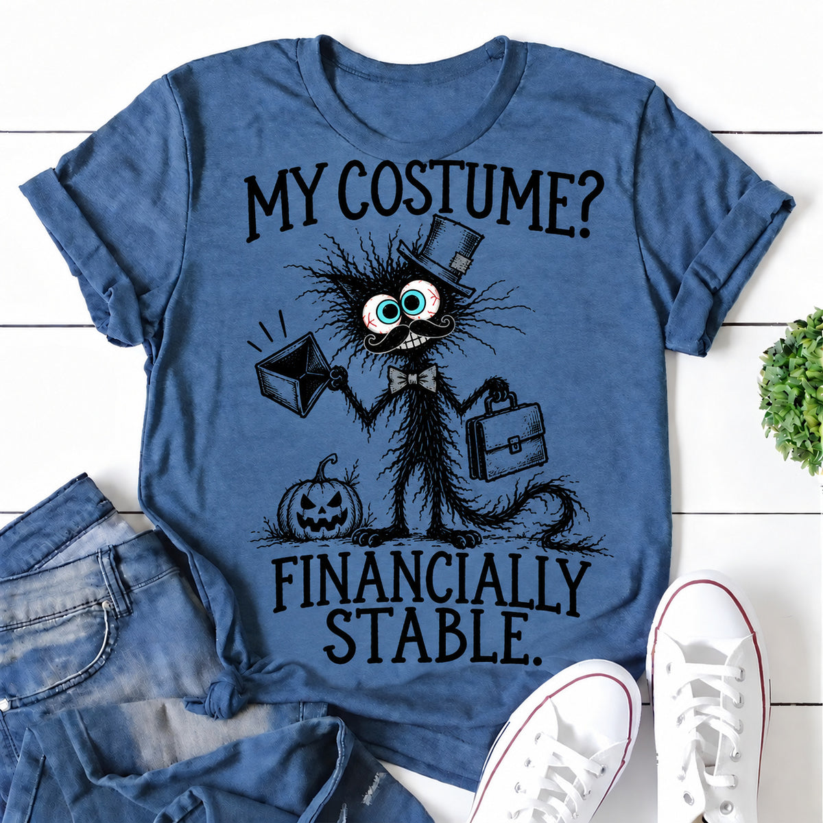 Blue women's T-shirt with My Costume? Financially Stable graphic