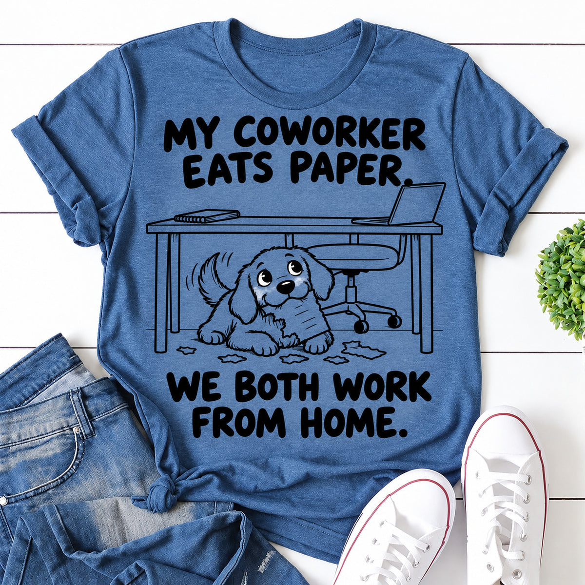 Blue women's T-shirt with My Coworker Eats Paper. We Both Work From Home graphic