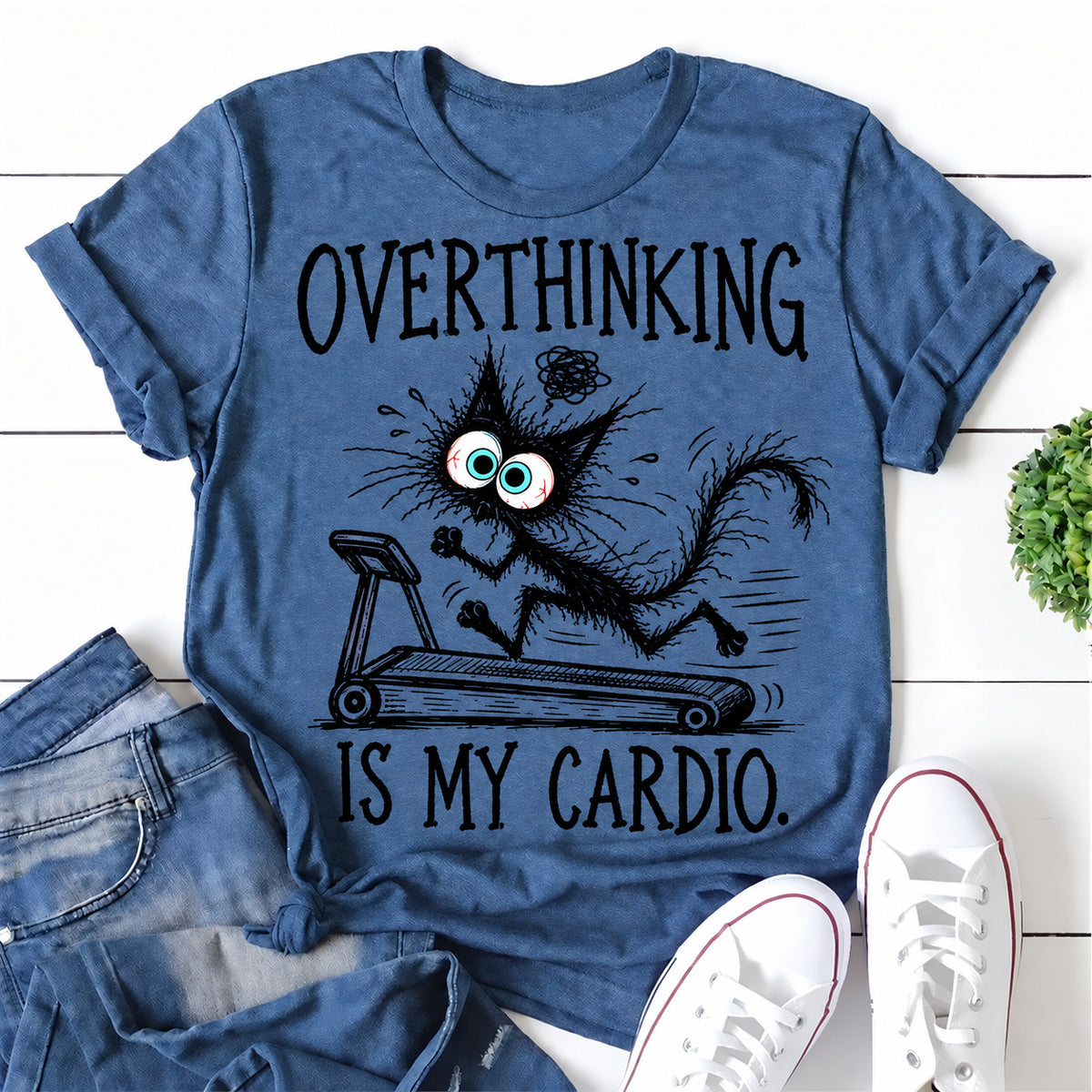 Blue women's T-shirt with Overthinking Is My Cardio graphic