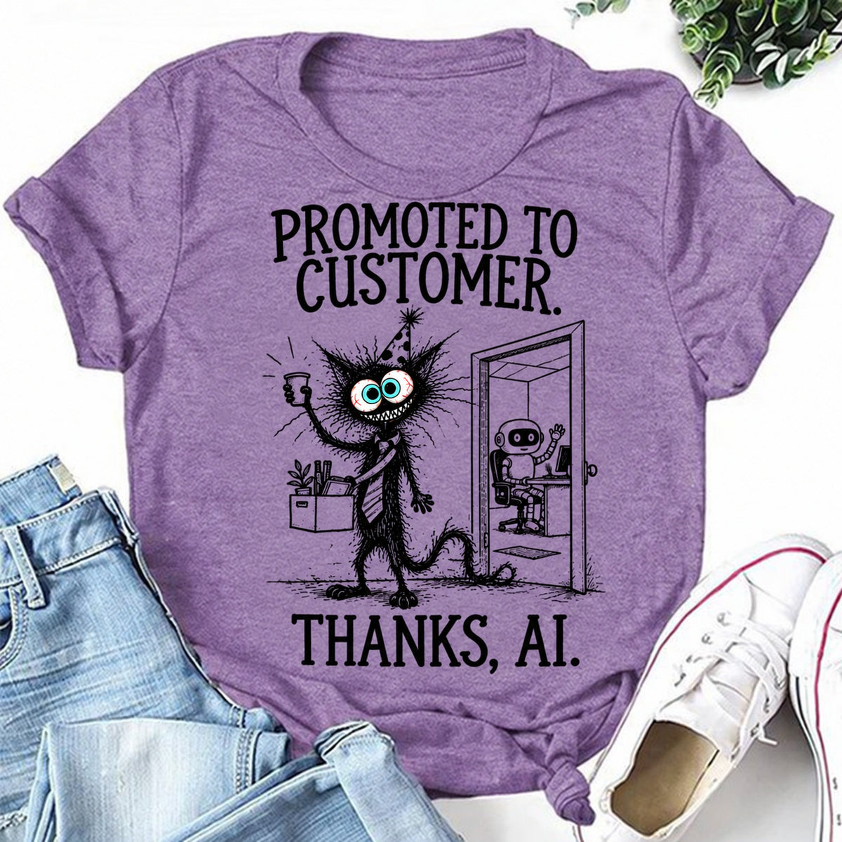Purple women's T-shirt with Promoted To Customer. Thanks, AI graphic