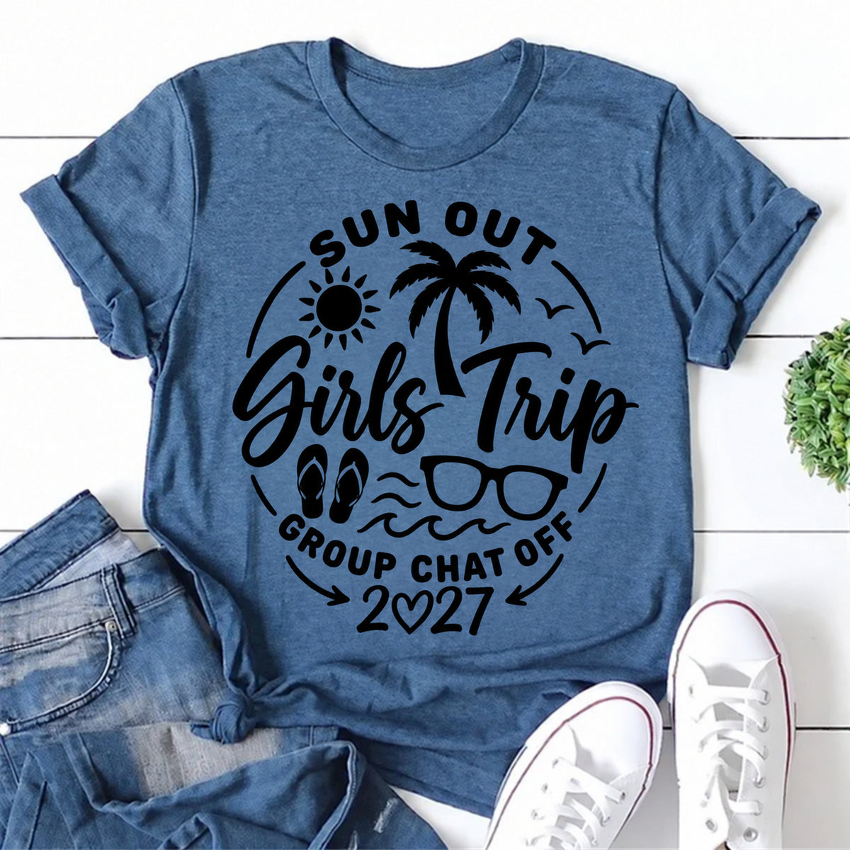 Blue women's T-shirt with Sun Out Girls Trip Group Chat Off 2027 graphic