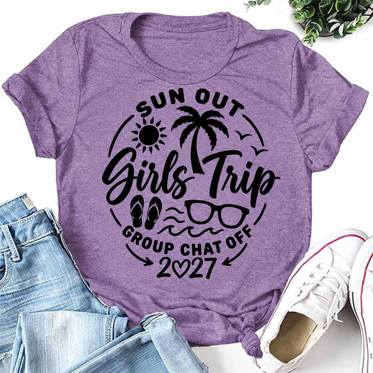 Purple women's T-shirt with Sun Out Girls Trip Group Chat Off 2027 graphic