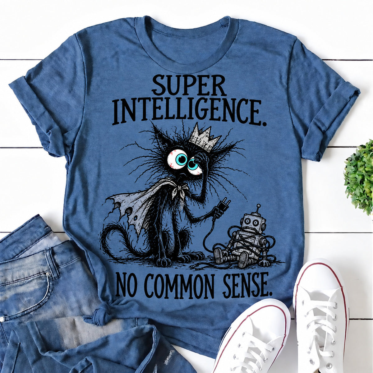 Blue women's T-shirt with Super Intelligence. No Common Sense graphic