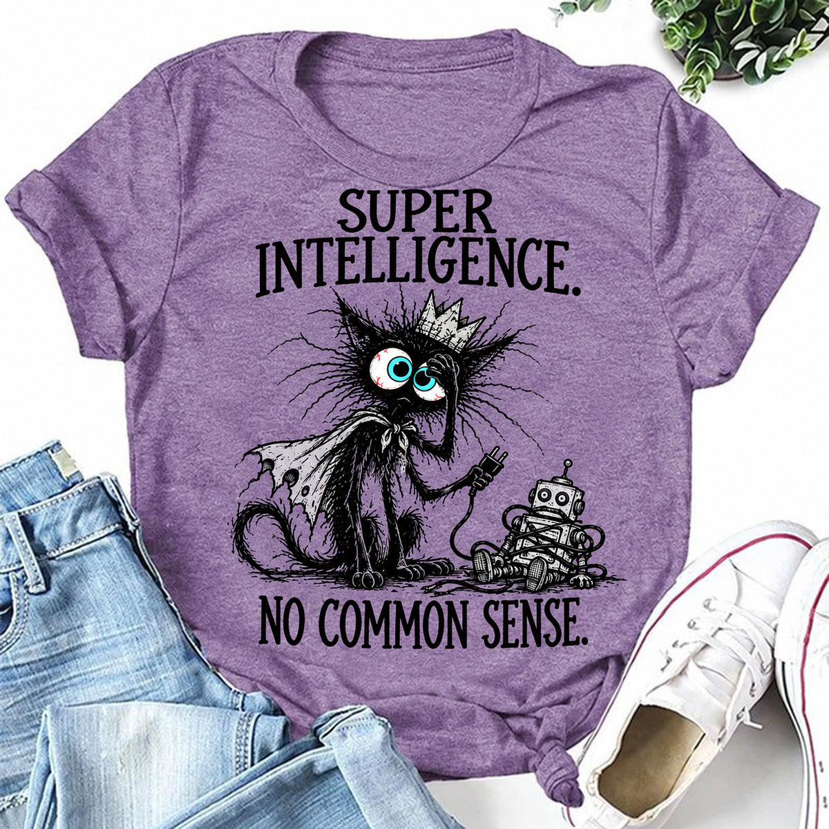 Purple women's T-shirt with Super Intelligence. No Common Sense graphic