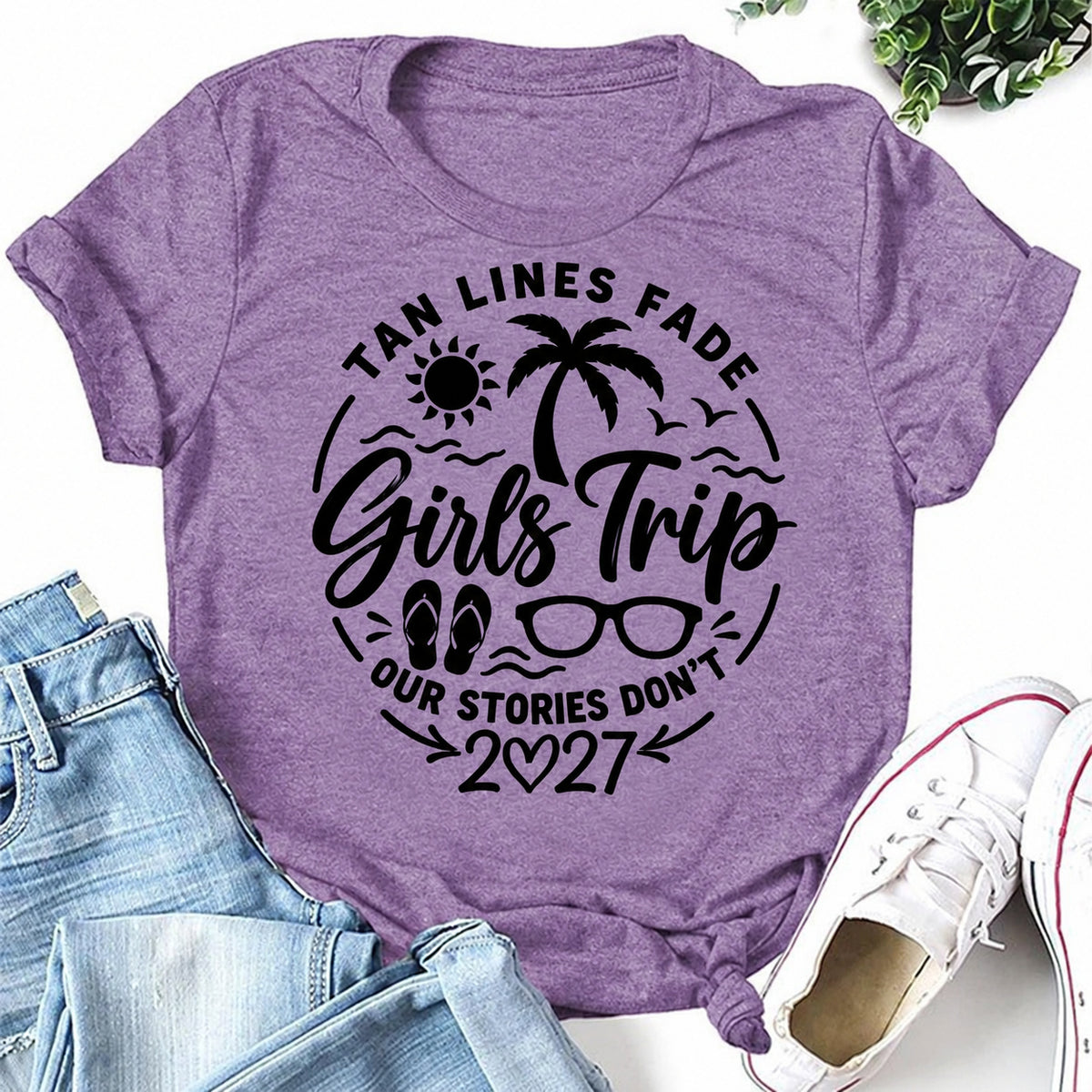 Purple women's T-shirt with Tan Lines Fade Girls Trip Our Stories Don't 2027 graphic