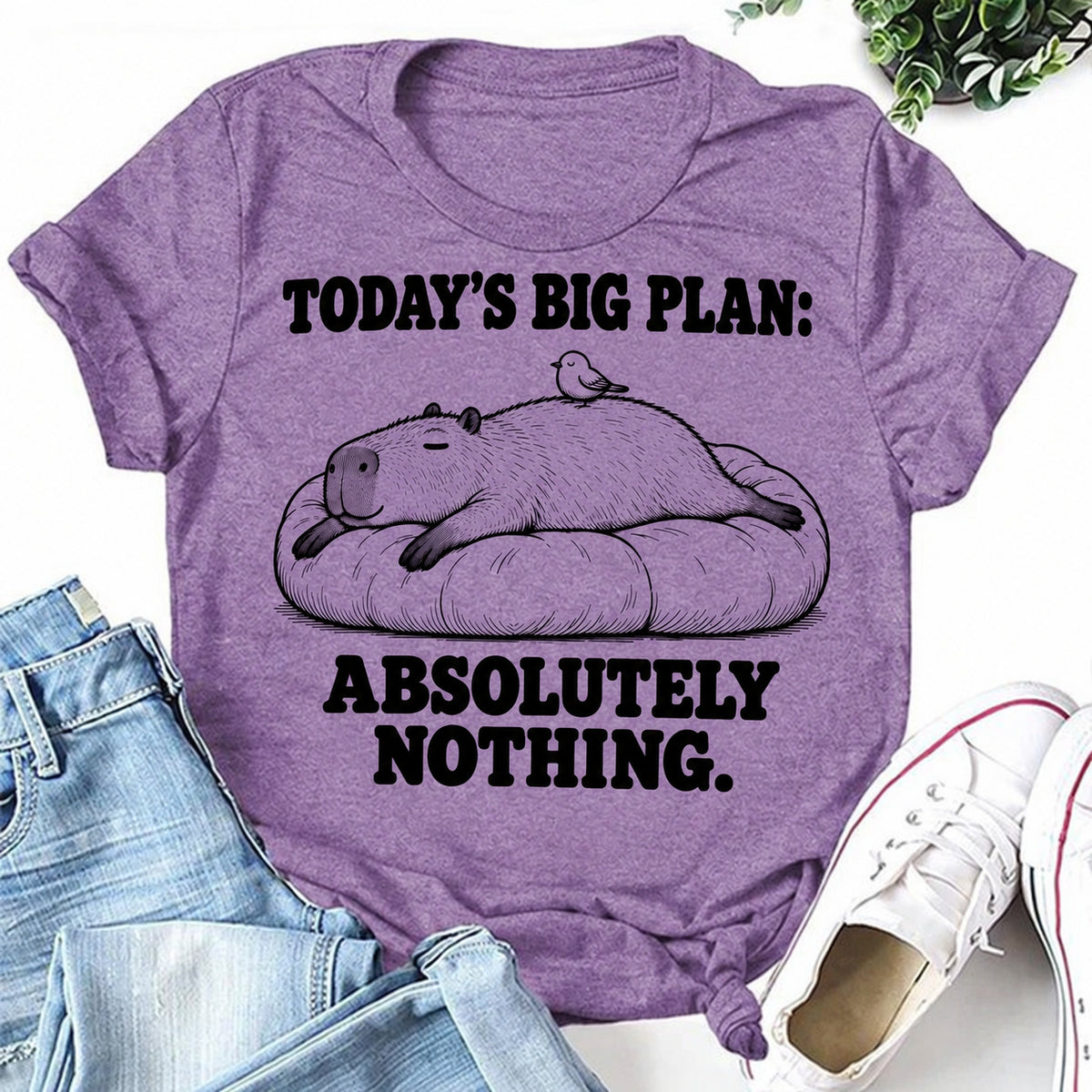 Purple women's T-shirt with Today's Big Plan: Absolutely Nothing graphic