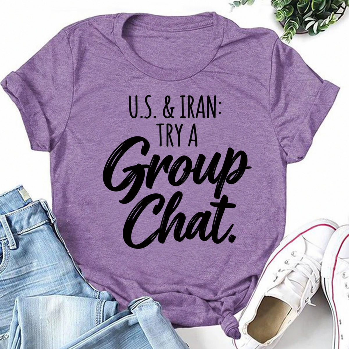 Purple women's T-shirt with U.S. & Iran: Try A Group Chat graphic