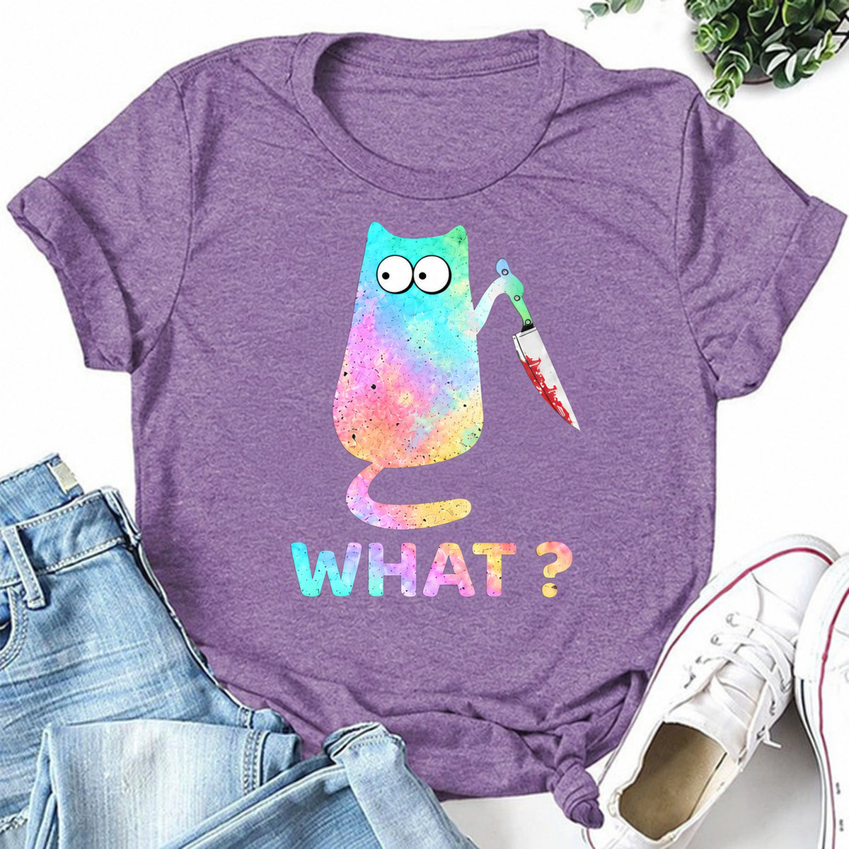 Purple women's T-shirt with What? graphic