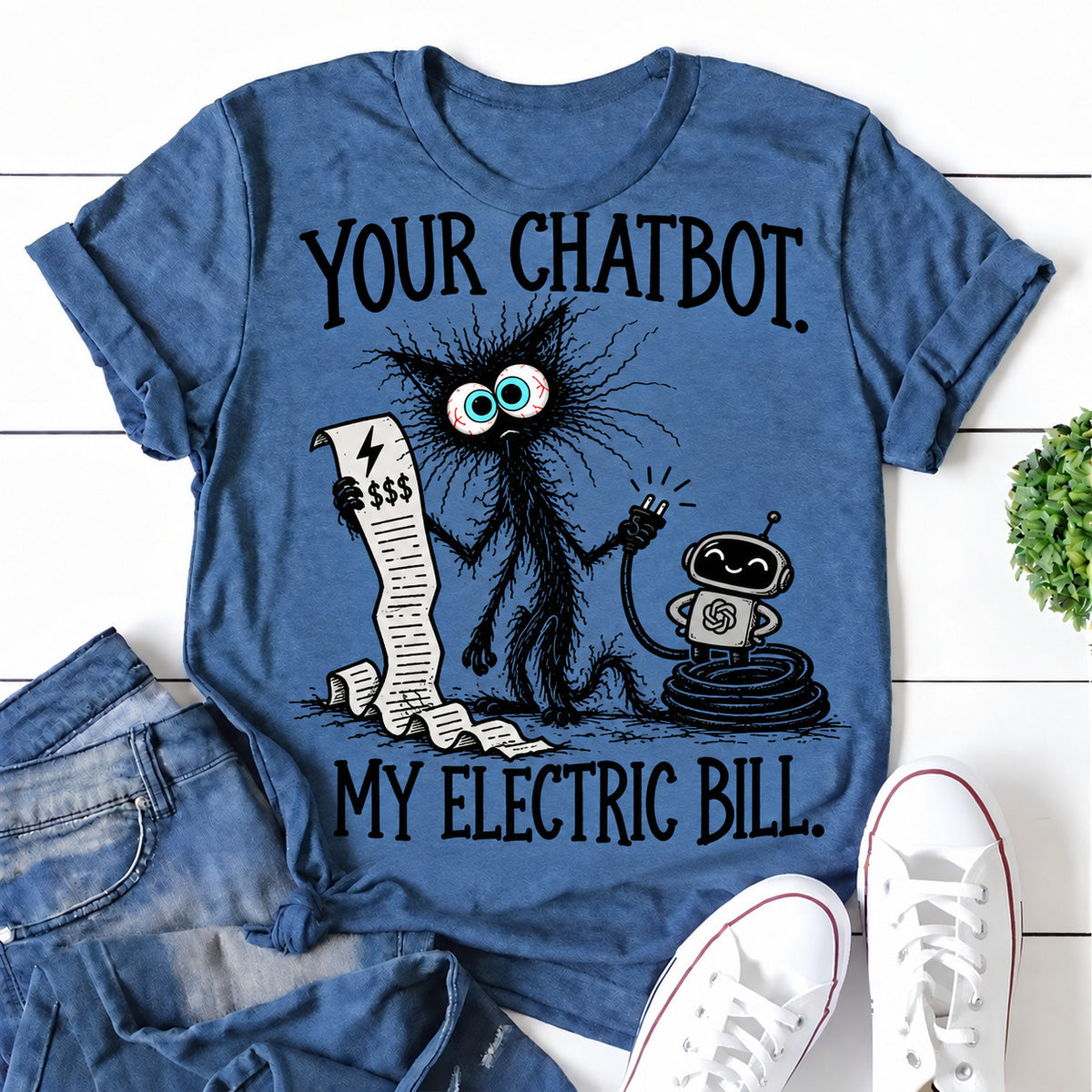 Blue women's T-shirt with Your Chatbot. My Electric Bill graphic