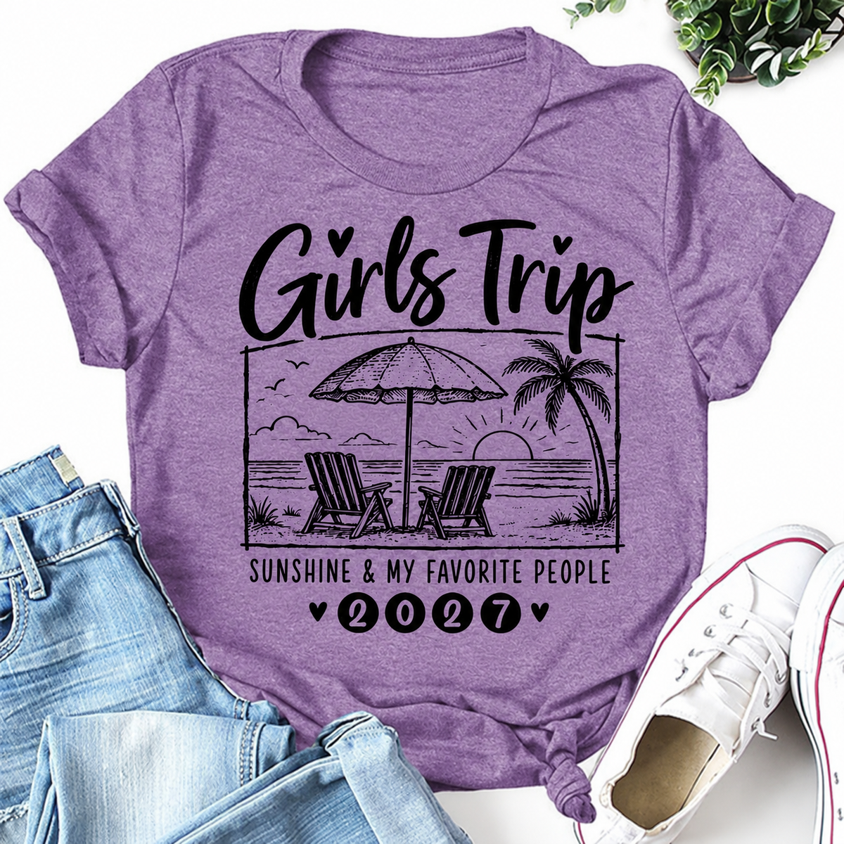 Purple Girls Trip 2027 T-shirt with Sunshine and My Favorite People beach-chair graphic