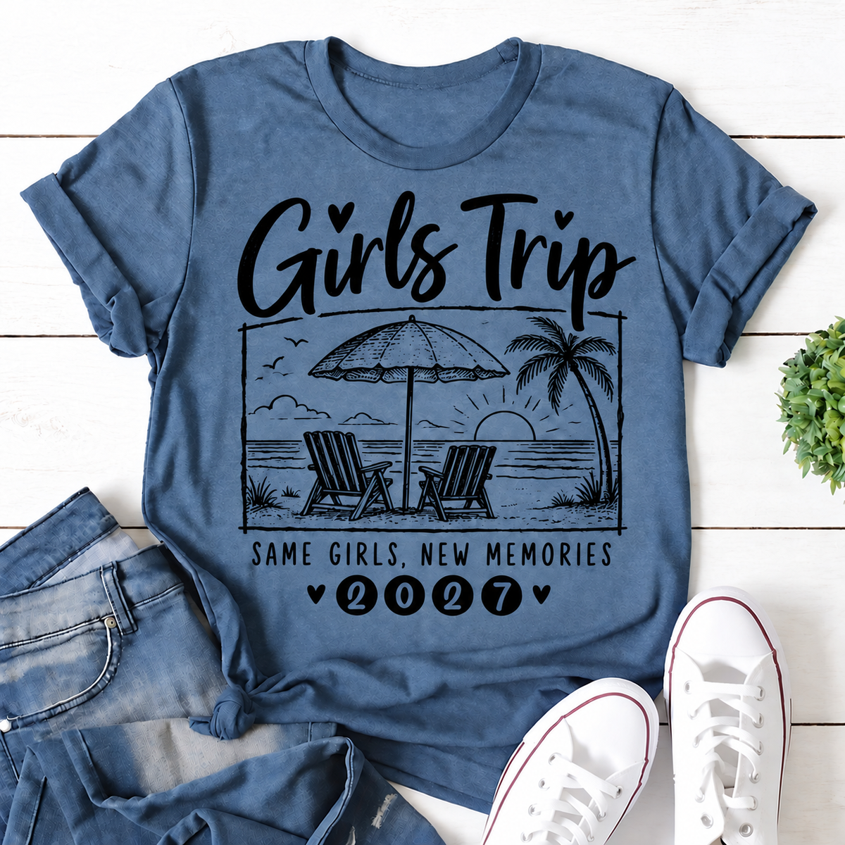 Blue Girls Trip 2027 women's T-shirt with Same Girls, New Memories seaside graphic