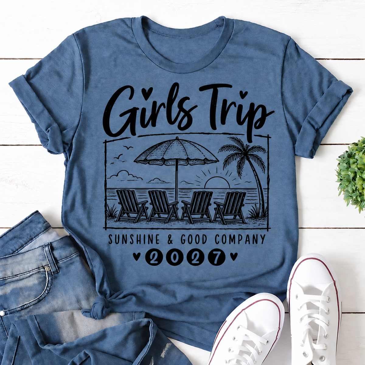 Blue Girls Trip 2027 women's T-shirt with Sunshine & Good Company - Four Chairs seaside graphic