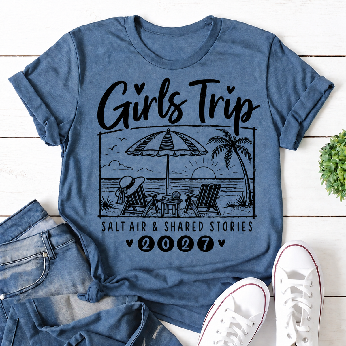 Blue Girls Trip 2027 women's T-shirt with Salt Air & Shared Stories seaside graphic