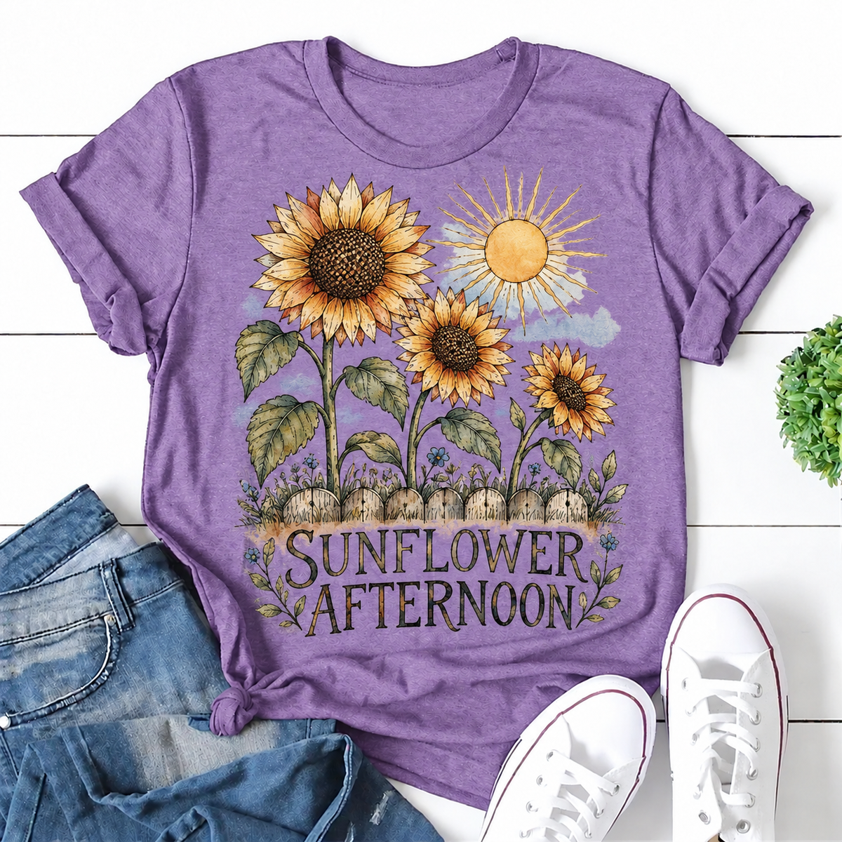 Sunflower Afternoon Garden Sketch hand-drawn-style graphic on a purple women's T-shirt