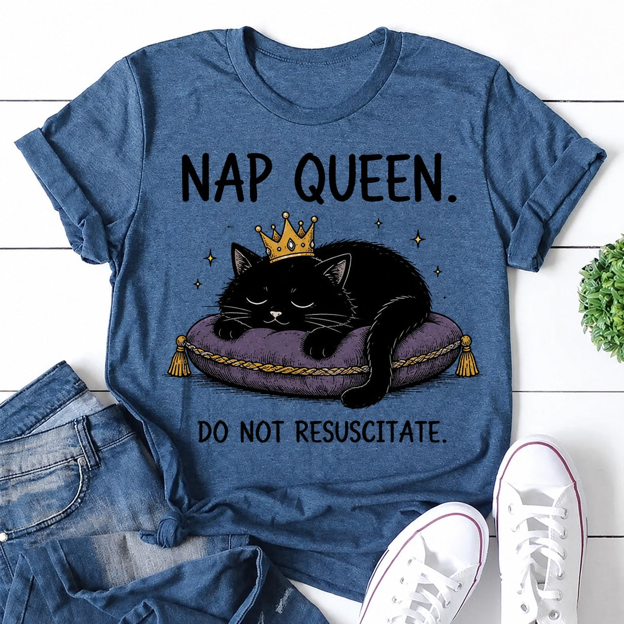 Nap Queen Cat Print Women Slogan T-Shirt