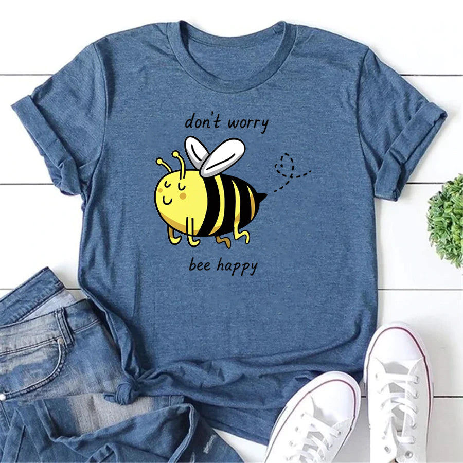 Don't Worry Bee Happy Letter Print Women Slogan T-Shirt