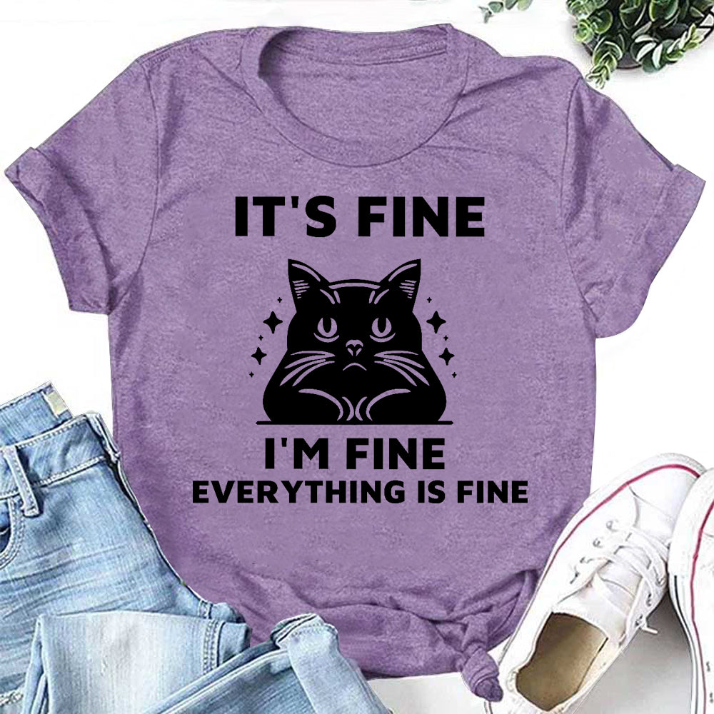 It's Fine Letter Cat Print Women Slogan T-Shirt