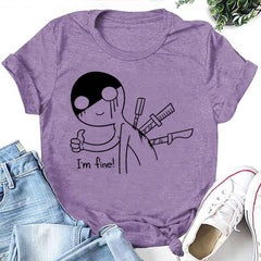 I'm Fine Letter Comic Characters Print Women Slogan T-Shirt