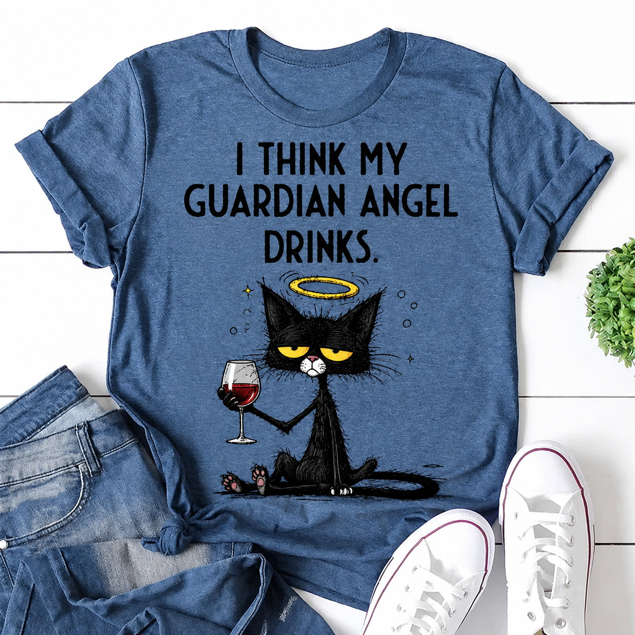 I Think My Guardian Angel Drinks Tipsy Cat Print Women Slogan T-Shirt