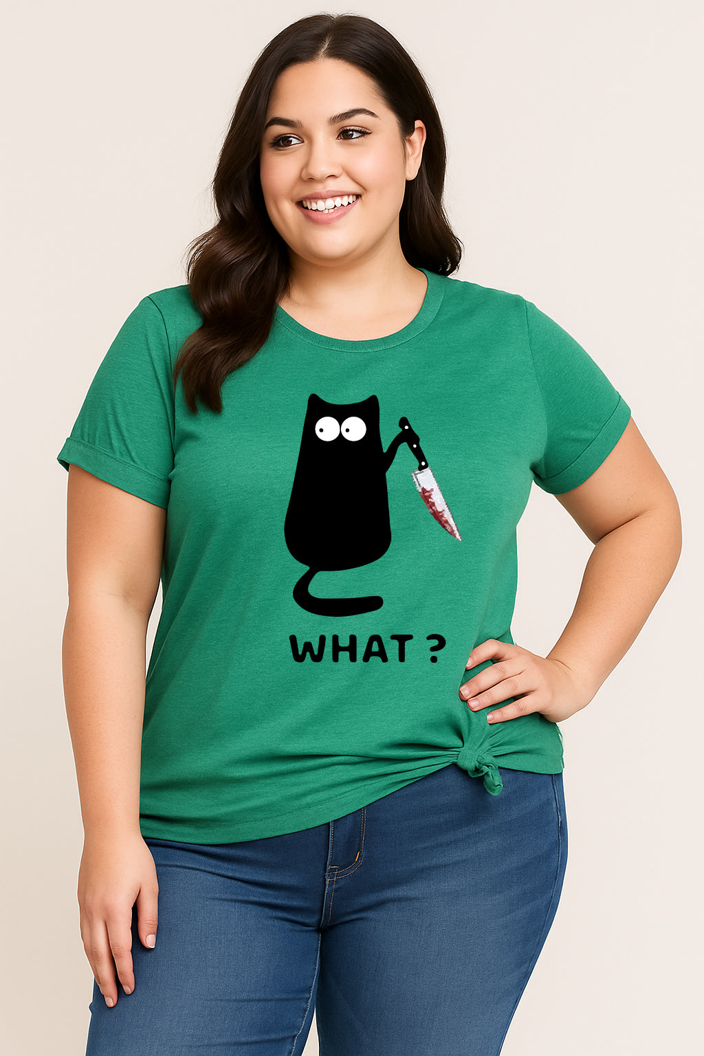 What? Hot Sale Funny Cat Printed Fashion Plus Size T-Shirt