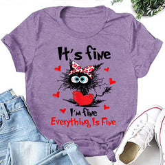 It's Fine I'm Fine Letter Cat and Heart Print Women Slogan T-Shirt