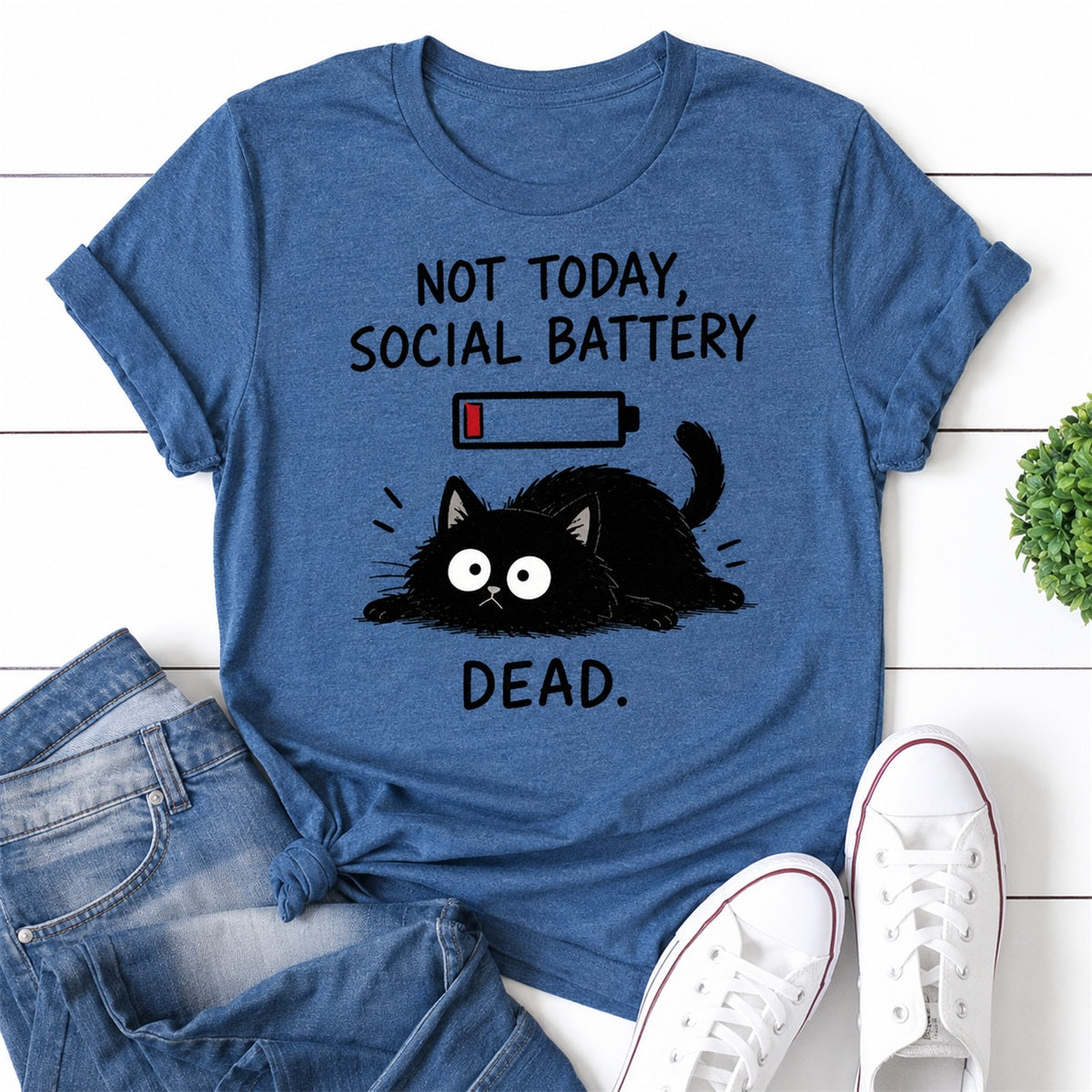 Not Today Social Battery Dead Cat Print Women Slogan T-Shirt