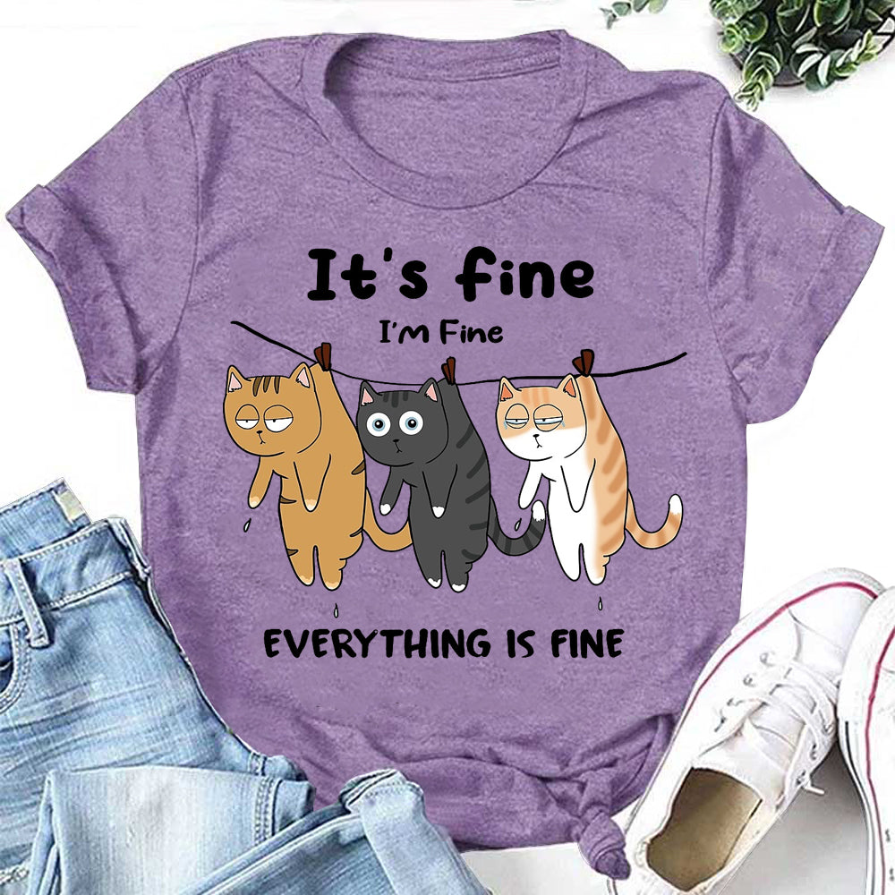 It's Fine I'm Fine Letter Three Cats Print Women Slogan T-Shirt