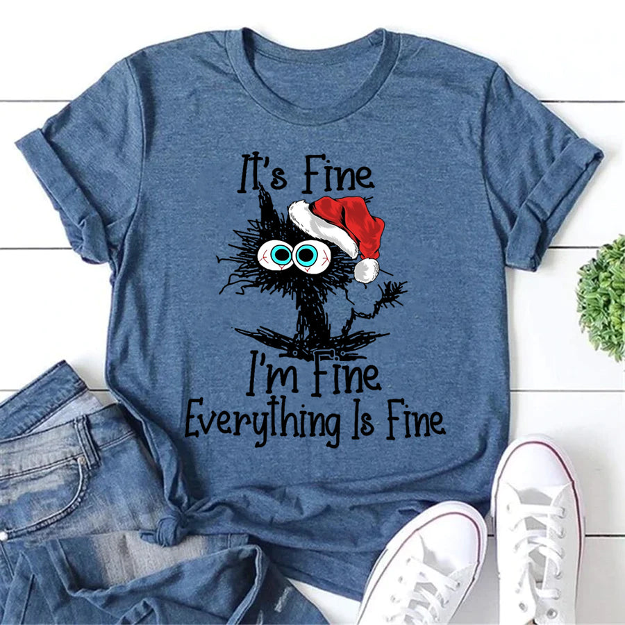 Funny Black Cat Christmas It's Fine Letter Print Women Slogan T-Shirt