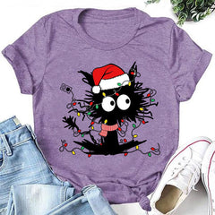 Lovely Christmas Cat Print Women Slogan T-Shirt