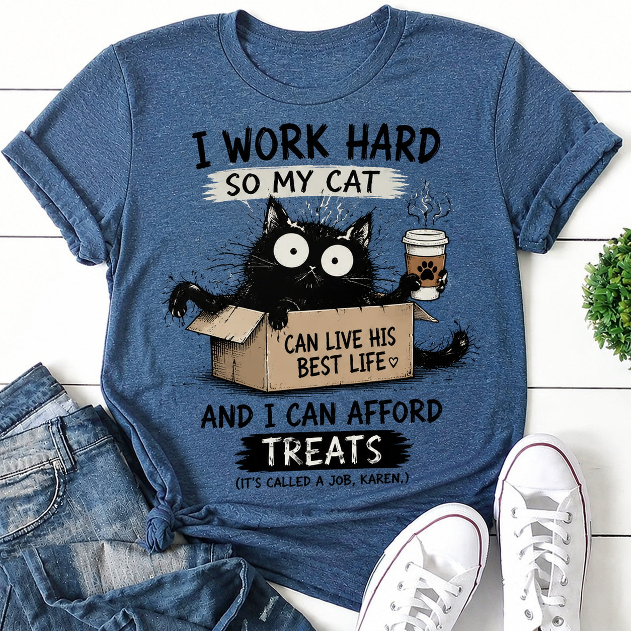 I Work Hard Cat Print Women Slogan T-Shirt