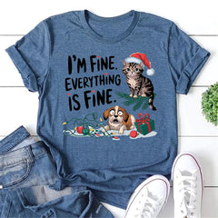 It's Fine Everything is Fine Letter Christmas Cat Dog Print Women T-Shirt