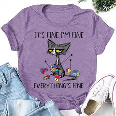 It's Fine I'm Fine Letter Cat Print Women Slogan T-Shirt