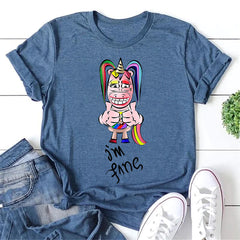 I'm Fine Letter Unicorn Print Women Slogan T-Shirt