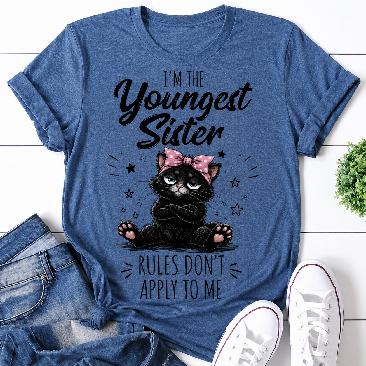 I'm The Youngest Sister Cat Print Women Slogan T-Shirt