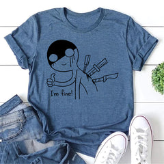 I'm Fine Letter Comic Characters Print Women Slogan T-Shirt