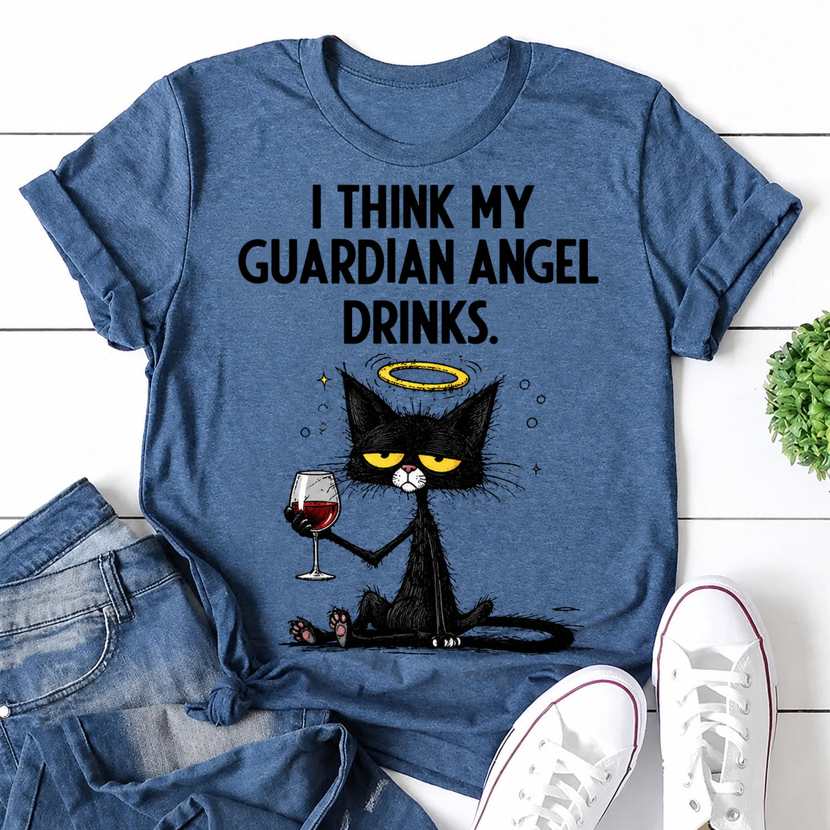I Think My Guardian Angel Drinks Tipsy Cat Print Women Slogan T-Shirt