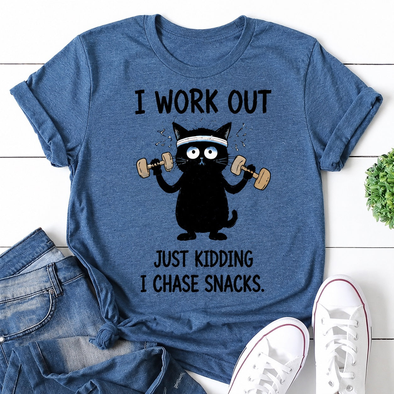 I Work Out Cat Print Women Slogan T-Shirt