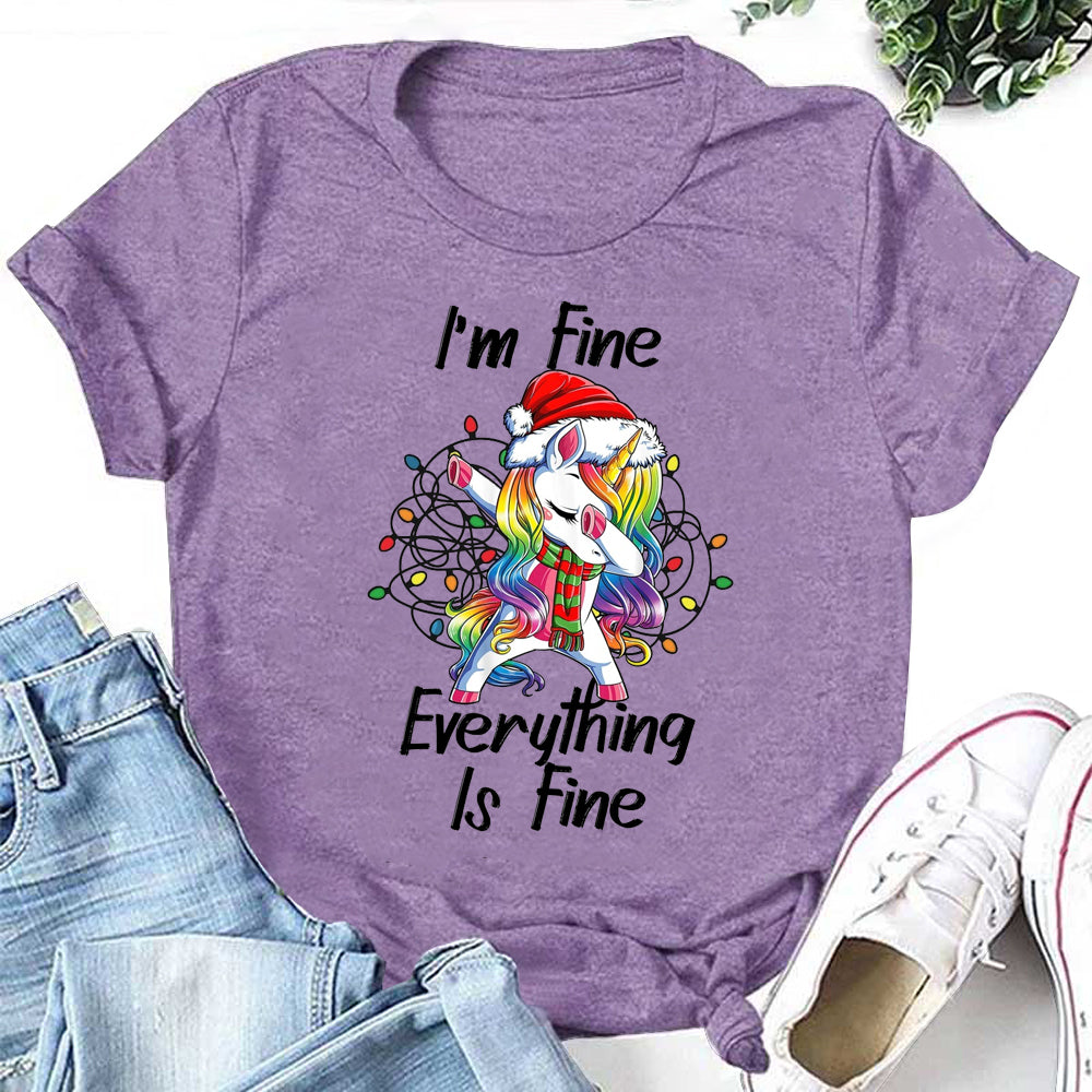 I'm Fine Everything Is Fine Letter Unicorn Print Women Slogan T-Shirt