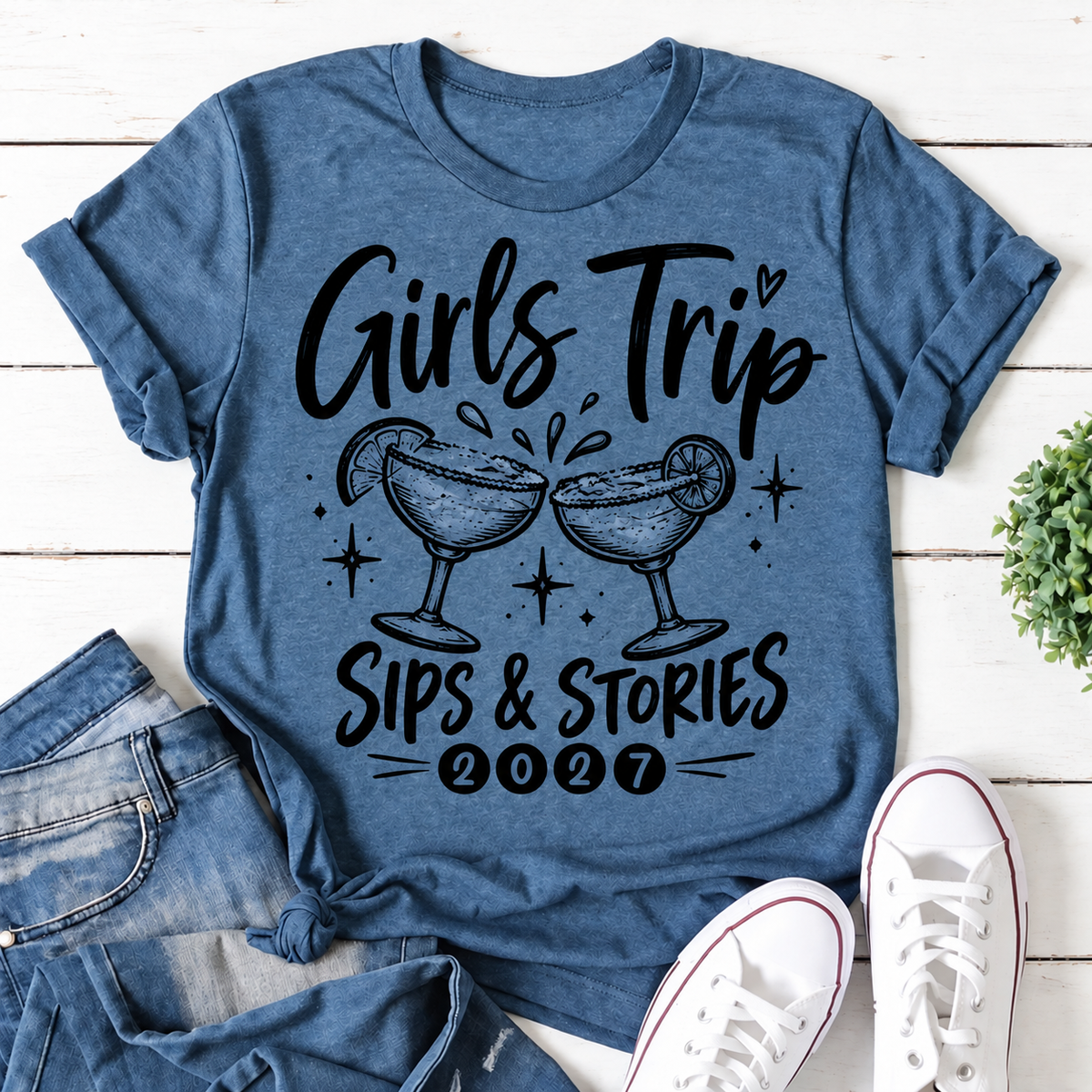 Girls Trip 2027 Sips and Stories blue women's T-shirt
