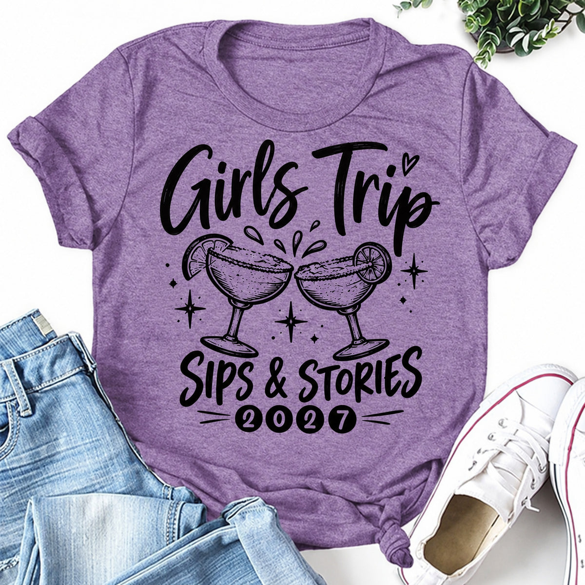 Girls Trip 2027 Sips and Stories purple women's T-shirt