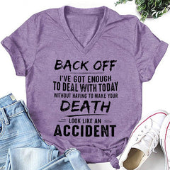 T-shirt à col en V avec slogan imprimé Back Off pour femme 