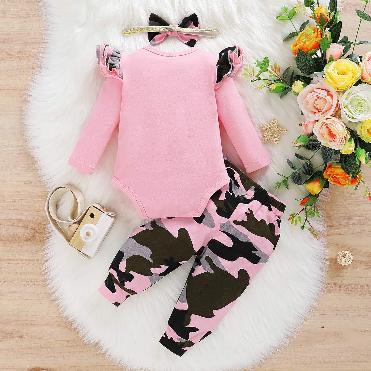 3PCS "Mommy's Little Girl" Letter Printed Rufffled Romper With Camouflage Printed Pants Baby Girl Set