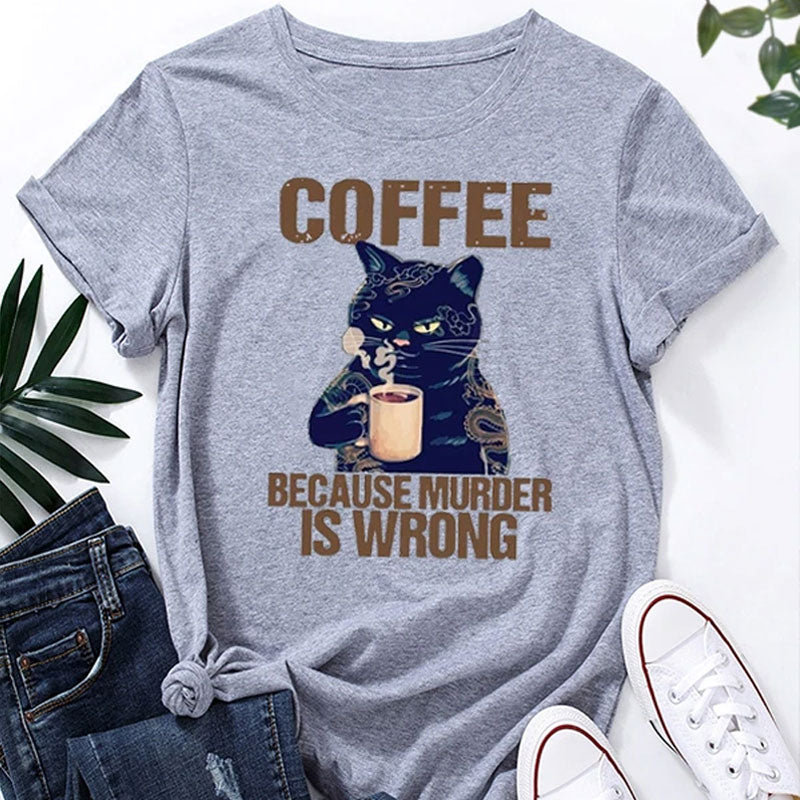 Chat buvant du café en coton imprimé graphique 