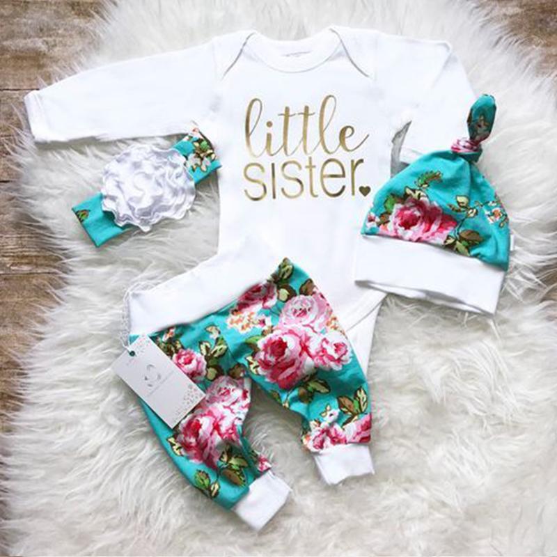 4pcs "Little Sister" Letter Printed Romper With Floral Printed Pants Baby Girl Set