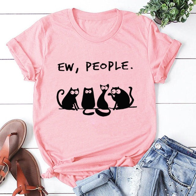 Ew People Cat Cartoon Print Cotton T-shirt