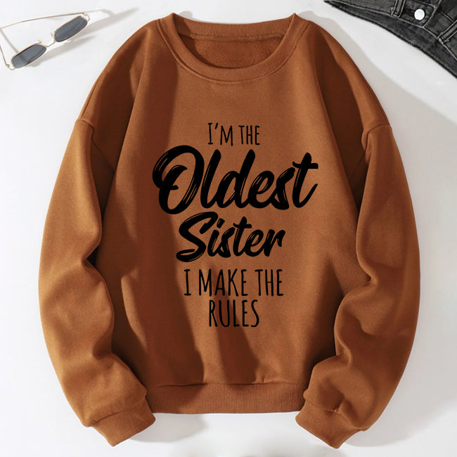 Sweat-shirt à épaules tombantes pour femmes, imprimé I'm The Oldest Sister, avec slogan 