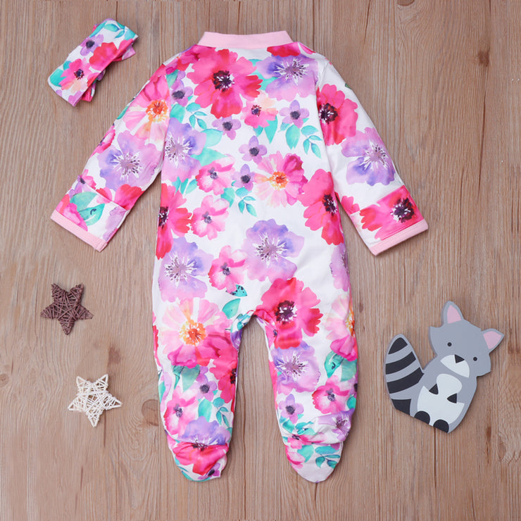 Lovely Baby Full Floral Printed Pajamas With Headband