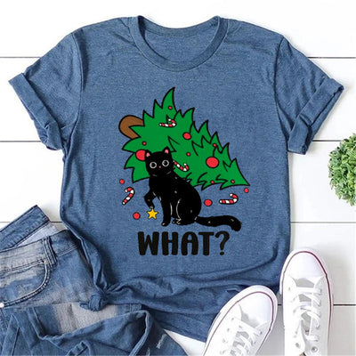 What Christmas Tree Cat Print Women Slogan T-Shirt