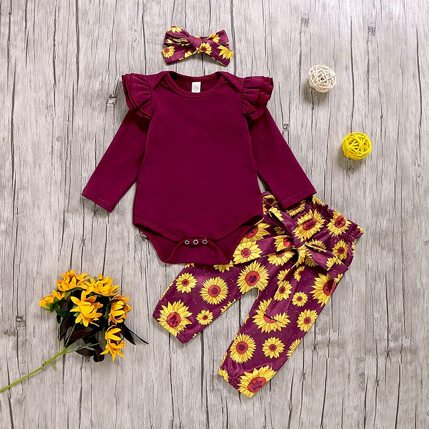 3PCS Sunflower Flutter-sleeve Bodysuit+ Pants +Headband Set